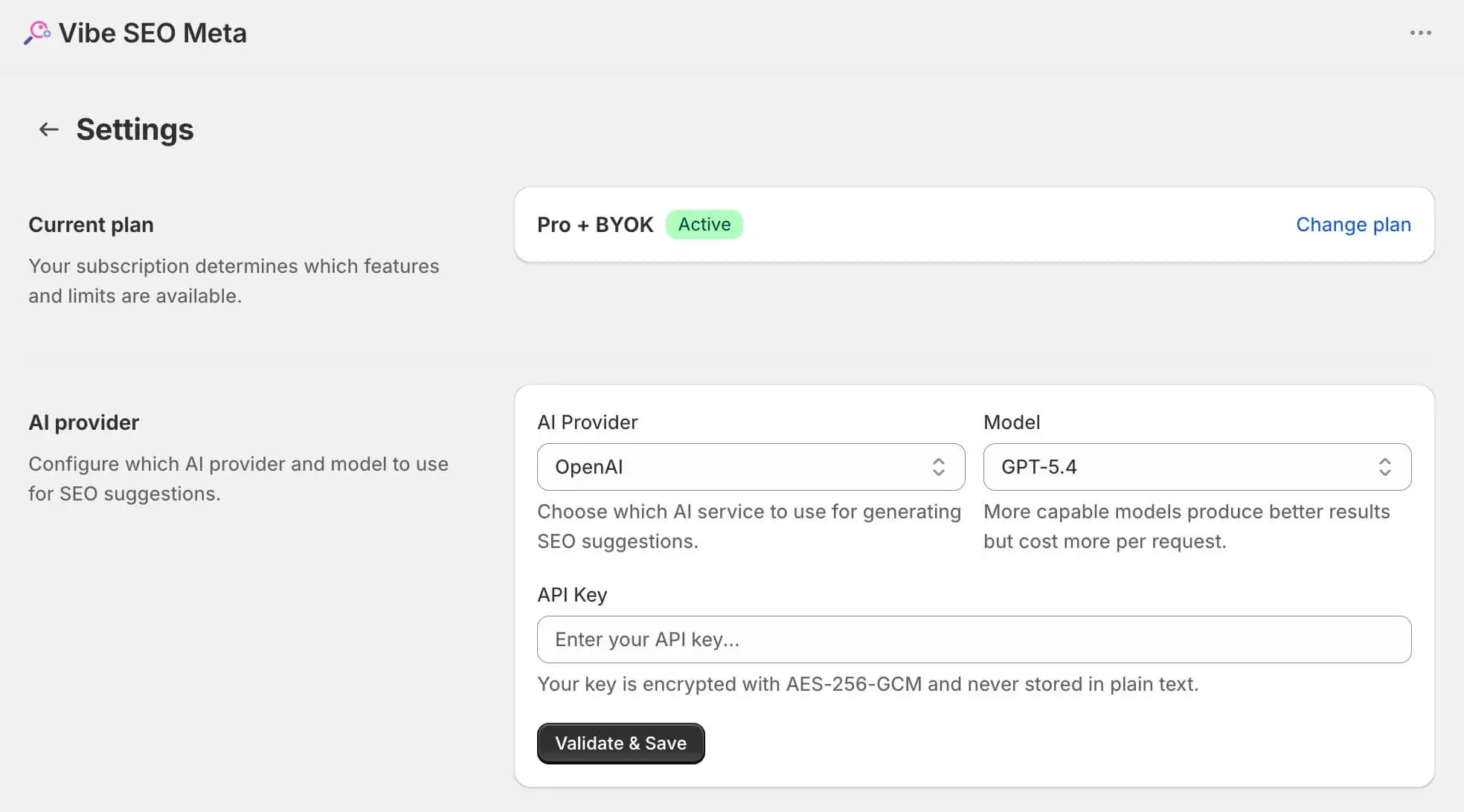 Vibe SEO Meta — Bring Your Own AI Key: Connect your own AI API key for unlimited use