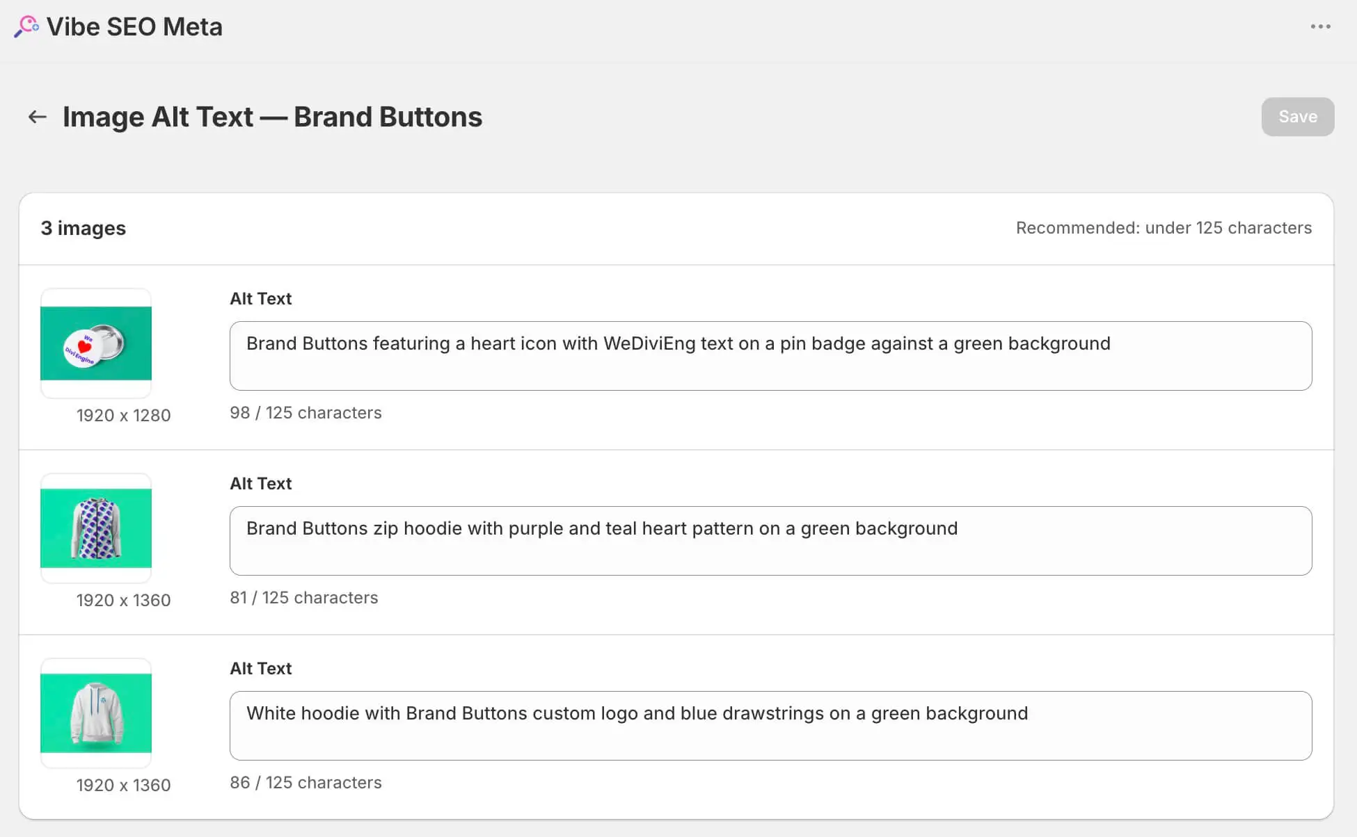 Vibe SEO Meta — Image Alt Text: Dedicated page per product